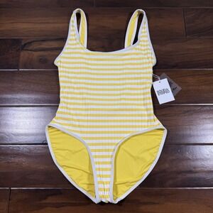 Solid & Striped Medium Yellow Lemon Stripe Ribbed Anne Marie One Piece Swimsuit‎